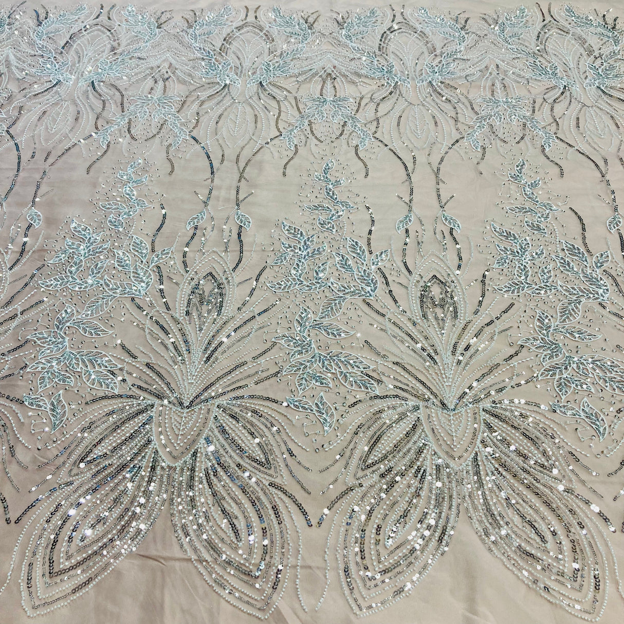 Beaded Lace Fabric on Polyester Net Mesh