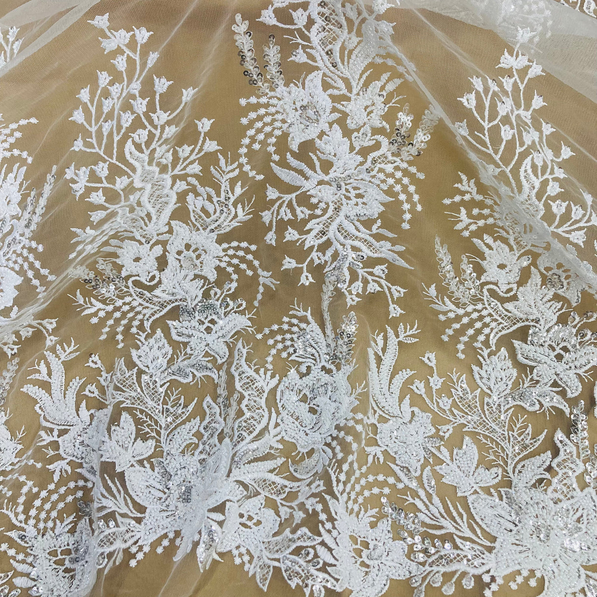 Beaded Lace Fabric on Polyester Net Mesh