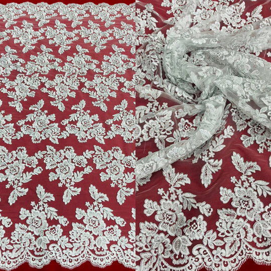 1 Yard Corded Bridal Lace Fabric Embroidered on 100% Polyester Net Mesh – 51"