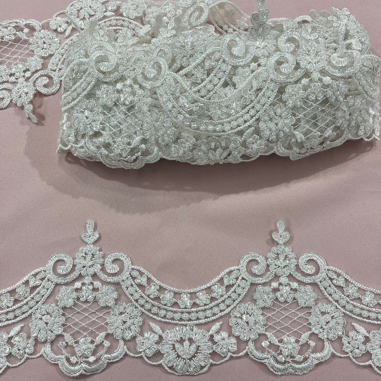 Beaded Corded Lace Trim 5" Polyester Net Mesh
