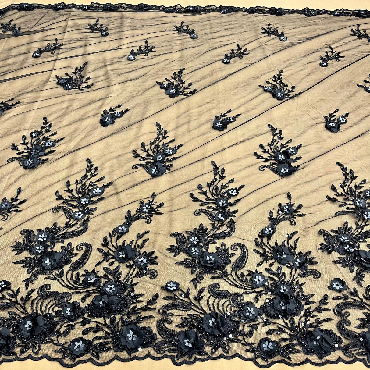 Beaded 3D Floral Lace Polyester Fabric - Black, Dusty Rose, Vanilla, 51" Width (1 Yard)