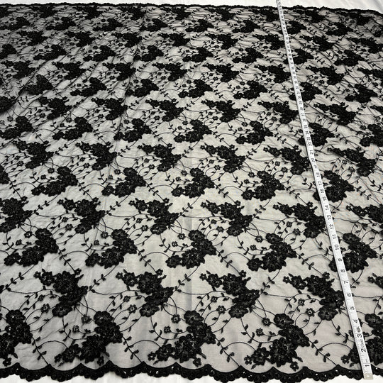 1 Yard Regal Beaded and Corded Lace Fabric Embroidered on Polyester Net Mesh