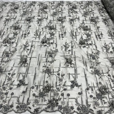 1 Yard Beaded Rhinestone 3D Floral Lace Fabric Embroidered 100 Percent Polyester Net Mesh 50 inch Width
