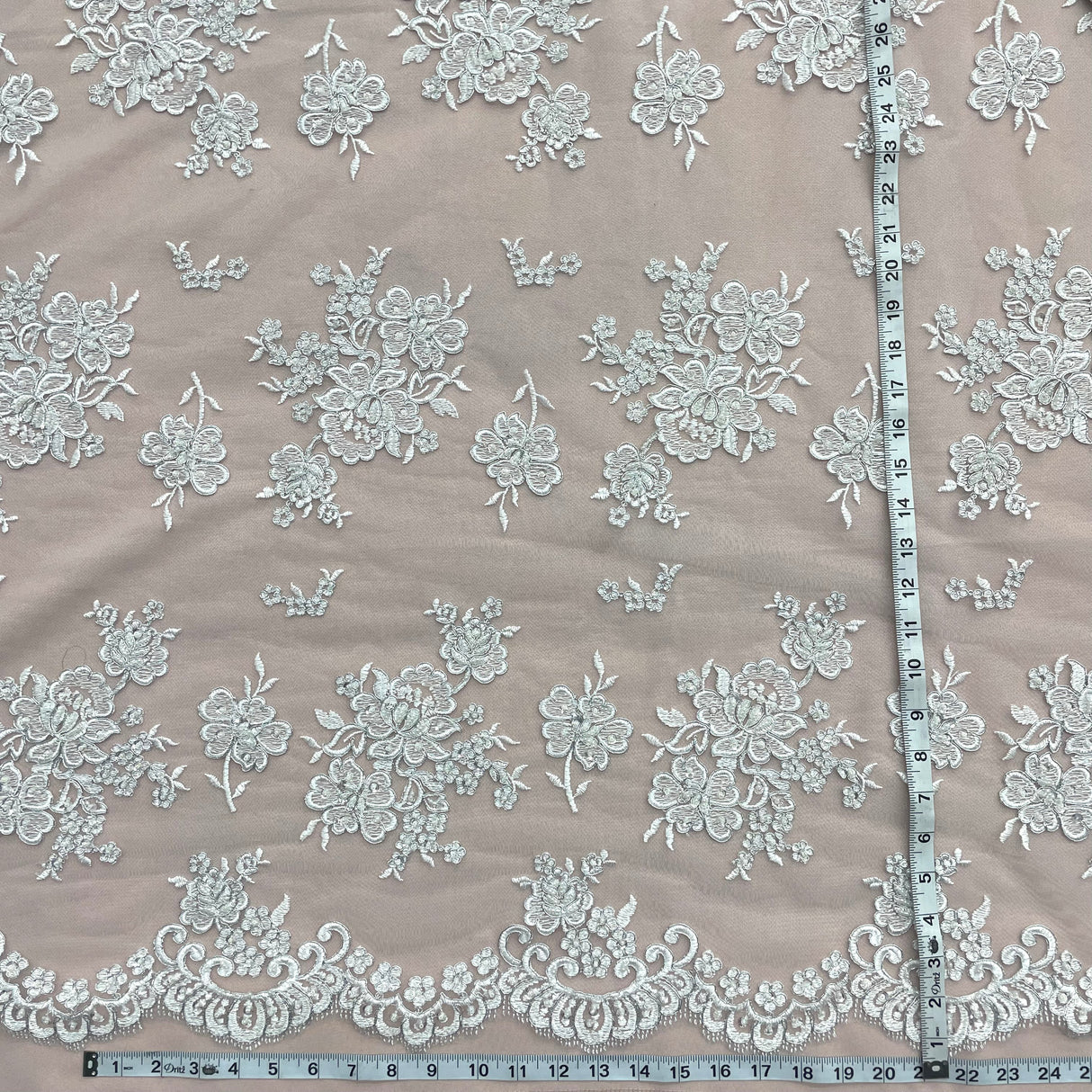Beaded Lace Fabric Embroidered Mesh Ivory Silver