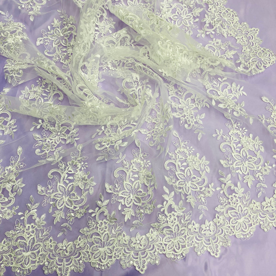 1 Yard - Corded Bridal Lace Fabric Embroidered on 100% Polyester Net Mesh - 54"