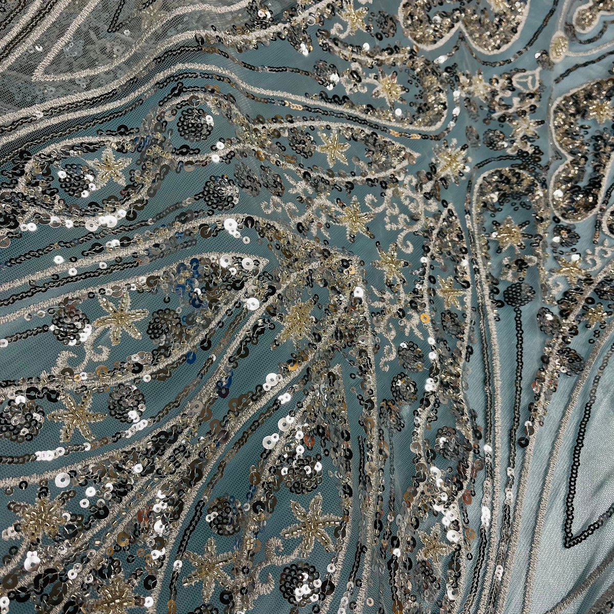 1 Yard Luxury Beaded Lace Embroidered Sheer Polyester Net Fabric for Bridal & Evening Wear