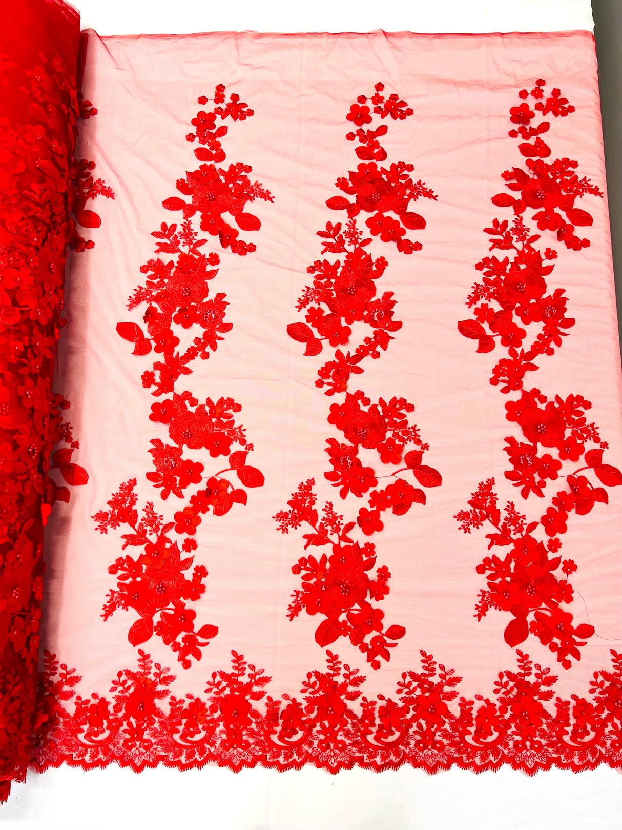 Scarlet 3D Floral Design Lace Fabric - Embroidered Beaded Mesh Lace, Double Scallop, 54" Width (1 Yard)