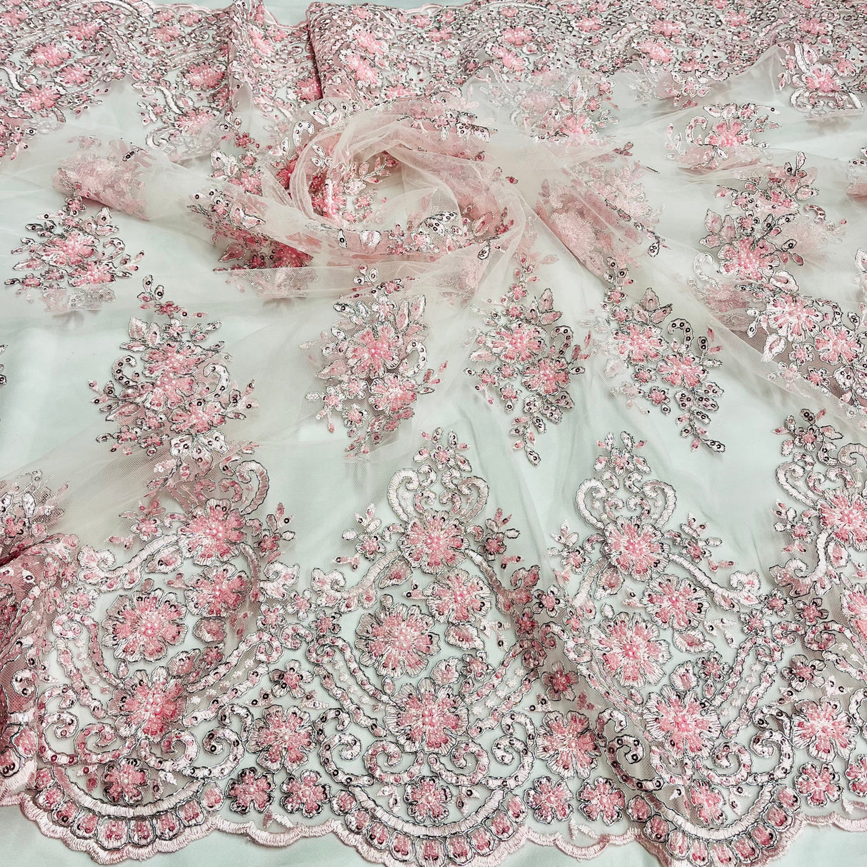 Beaded Corded Lace Fabric Metallic Scallops