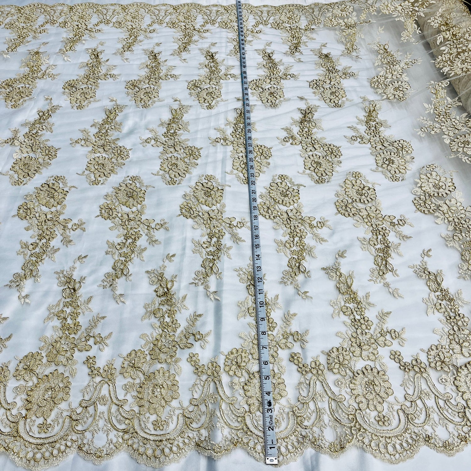 1 Yard Corded Bridal Lace Fabric Embroidered on Polyester Net Mesh 54 inch Width