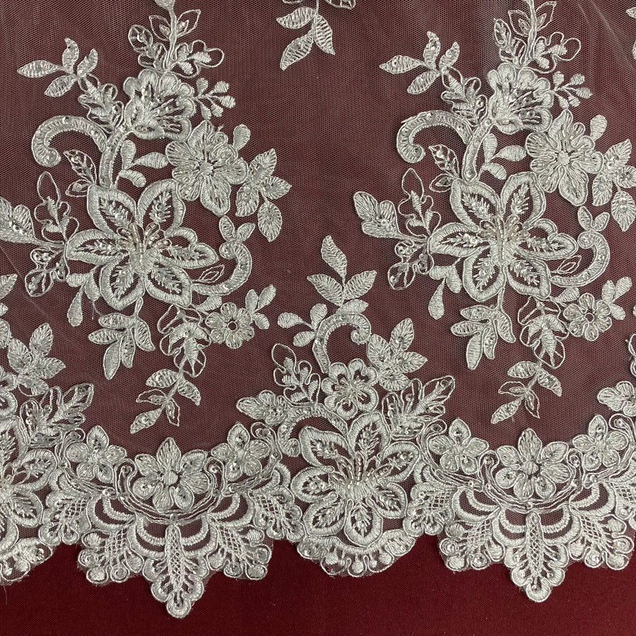 1 Yard Beaded and Corded Bridal Lace Fabric Embroidered on Polyester Net Mesh