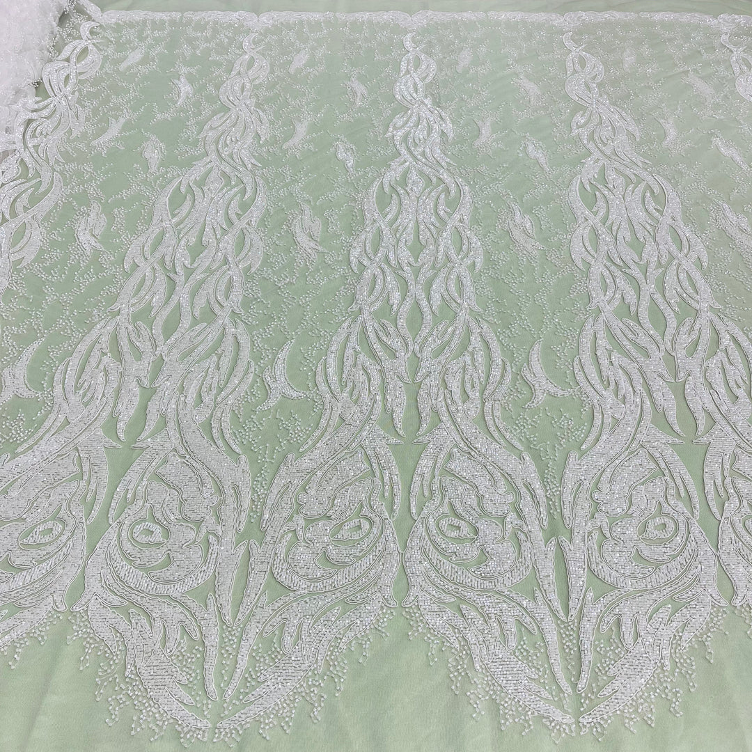 1 Yard Beaded & Corded Bridal Lace Fabric Embroidered on 100% Polyester Net Mesh