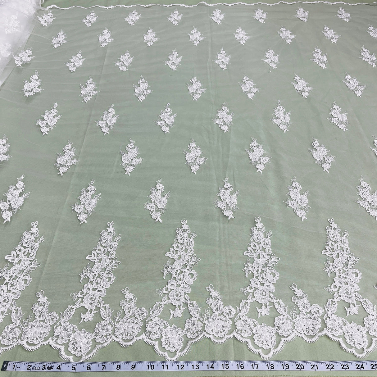 Beaded Corded Floral Bridal Lace Fabric - White, Scalloped Border, 54" Width (1 Yard)