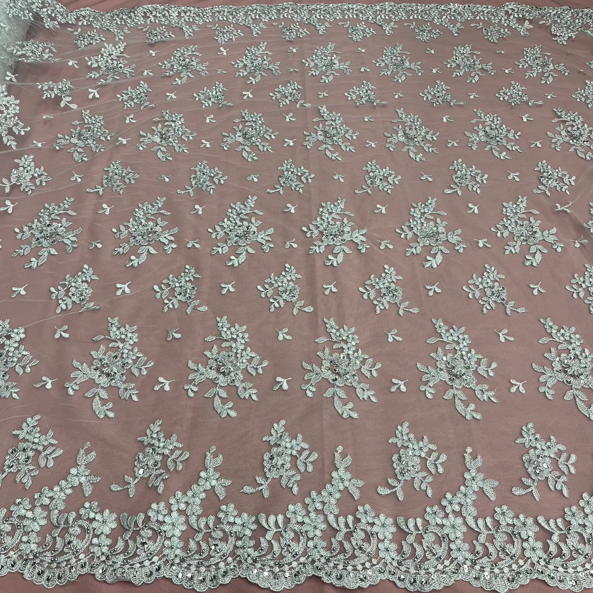 Beaded Corded Floral Lace Fabric 52" Scalloped Edges
