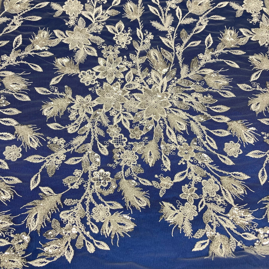 1 Yard Luxurious Beaded and Sequined Lace Fabric Embroidered on 100% Polyester Net Mesh White