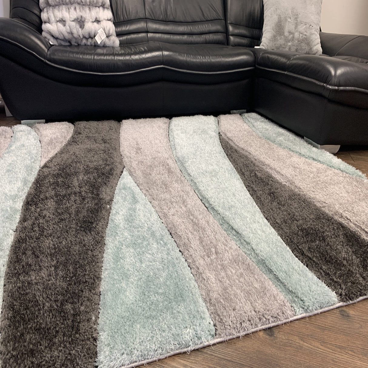 Touch Of Aqua Gray Silver Shag Area Rug Polyester Fabric - Plush Fluffy Shine 3D Stone Design, 2" Pile Height (2 Sizes)