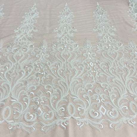 1 Yard Beaded Lace Fabric Embroidered with Fuzzy Thread on Polyester Net Mesh