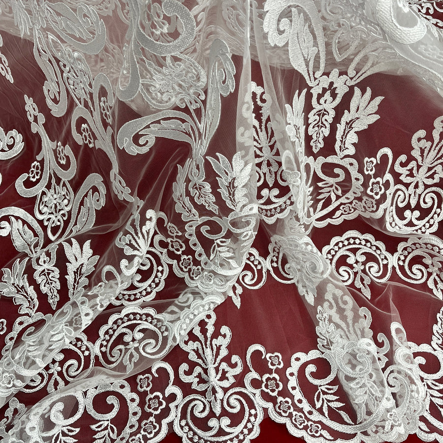 1 Yard Corded Bridal Lace Fabric Embroidered on Polyester Net Mesh
