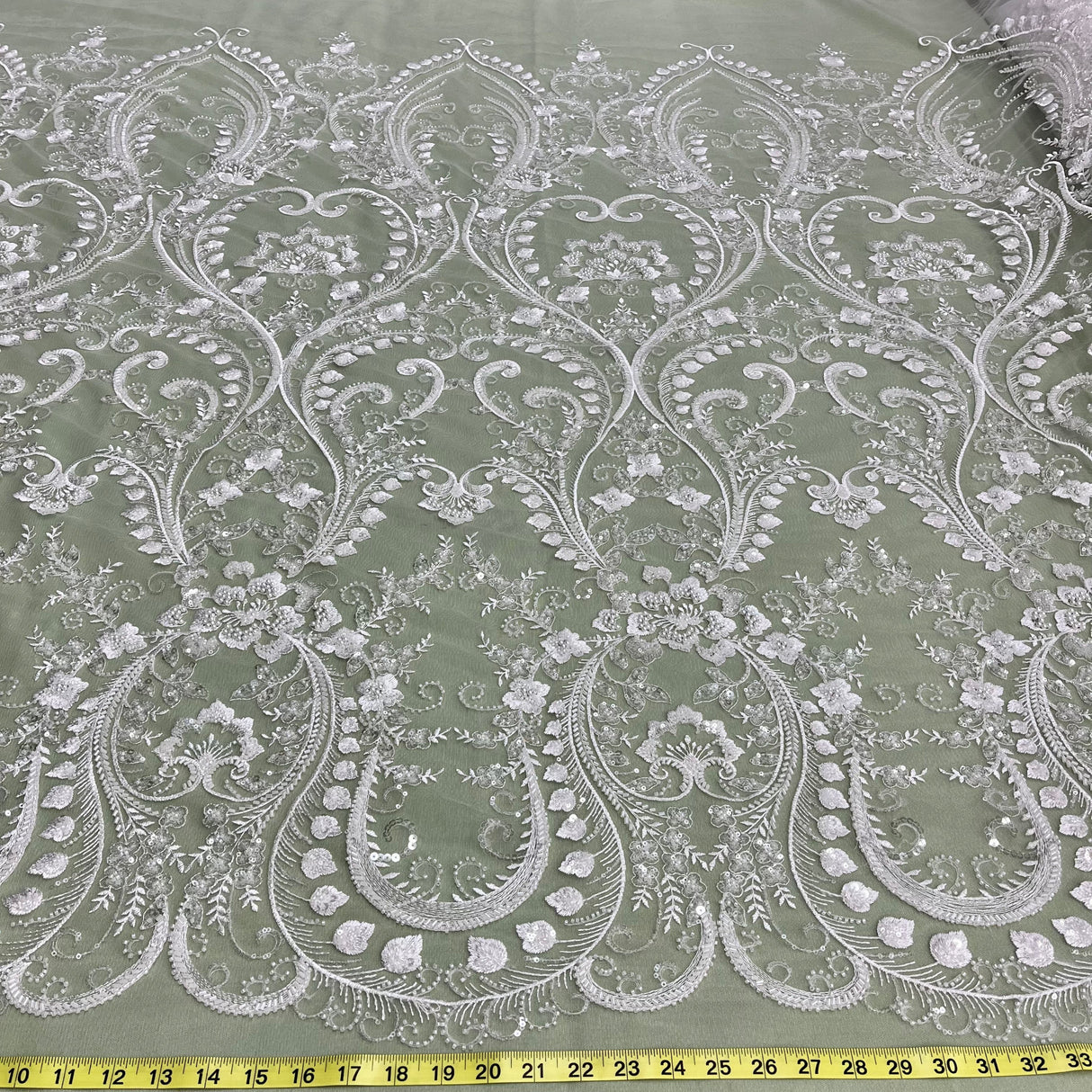 Beaded Lace Fabric Embroidered On 100 Percent Polyester Net Mesh - White, Ivory, Antique Silver, 51" Width (1 Yard)