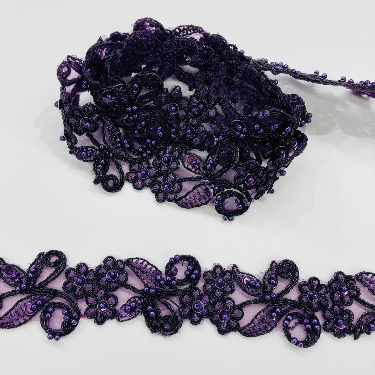 Beaded Corded Lace Trim on Polyester Organza