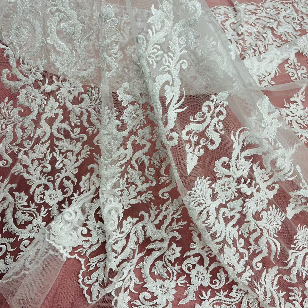 Beaded Sequined Lace Fabric Ivory