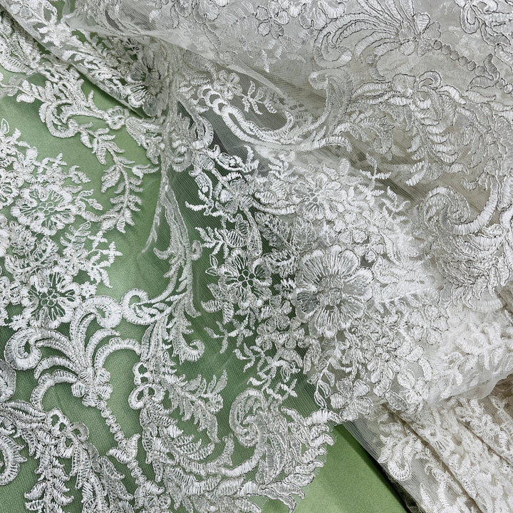 1 Yard Exquisite Bridal Lace Fabric Embroidered on 100% Polyester Net Mesh White