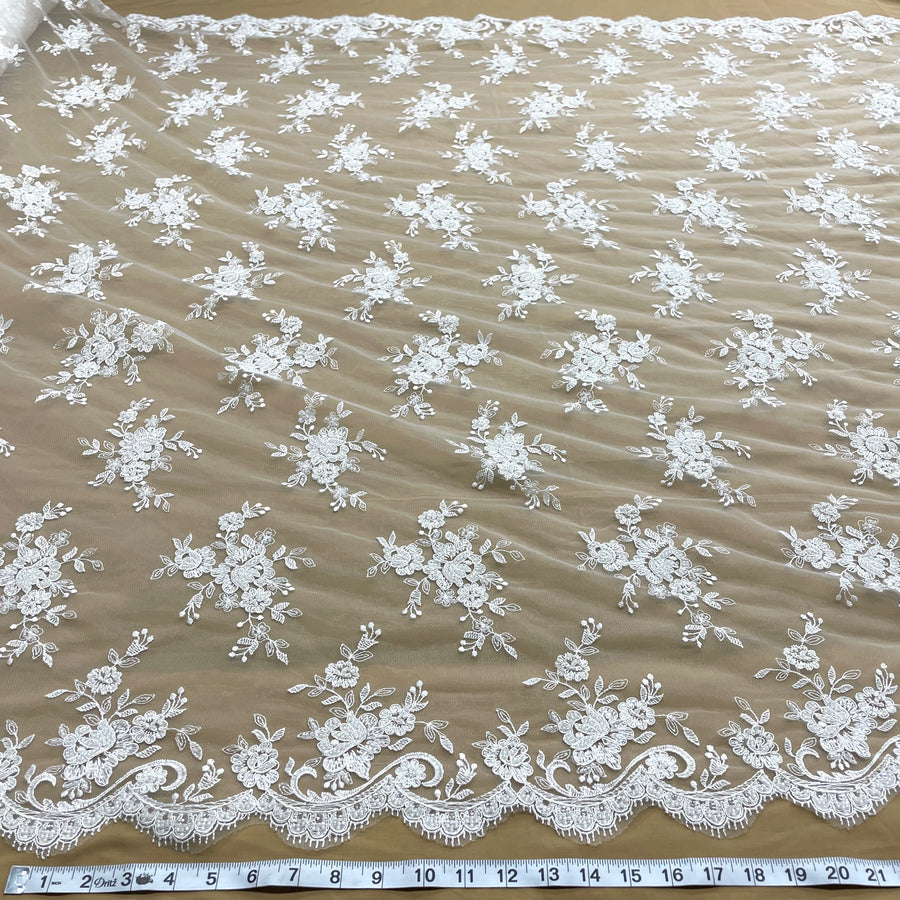 1 Yard Beaded and Corded Bridal Fabric Lace Embroidered on Polyester Net Mesh