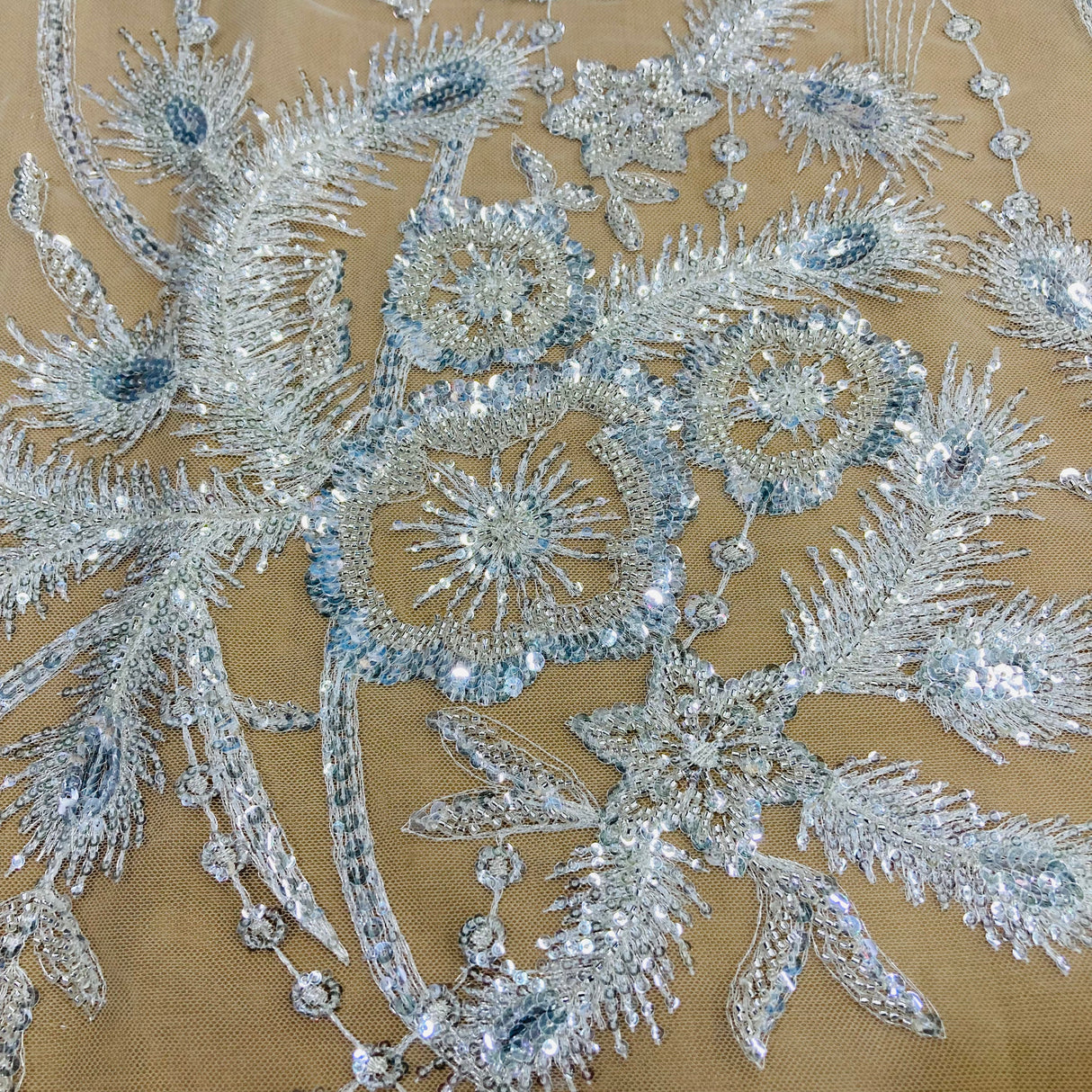 Beaded Sequined Lace Fabric Ivory Silver