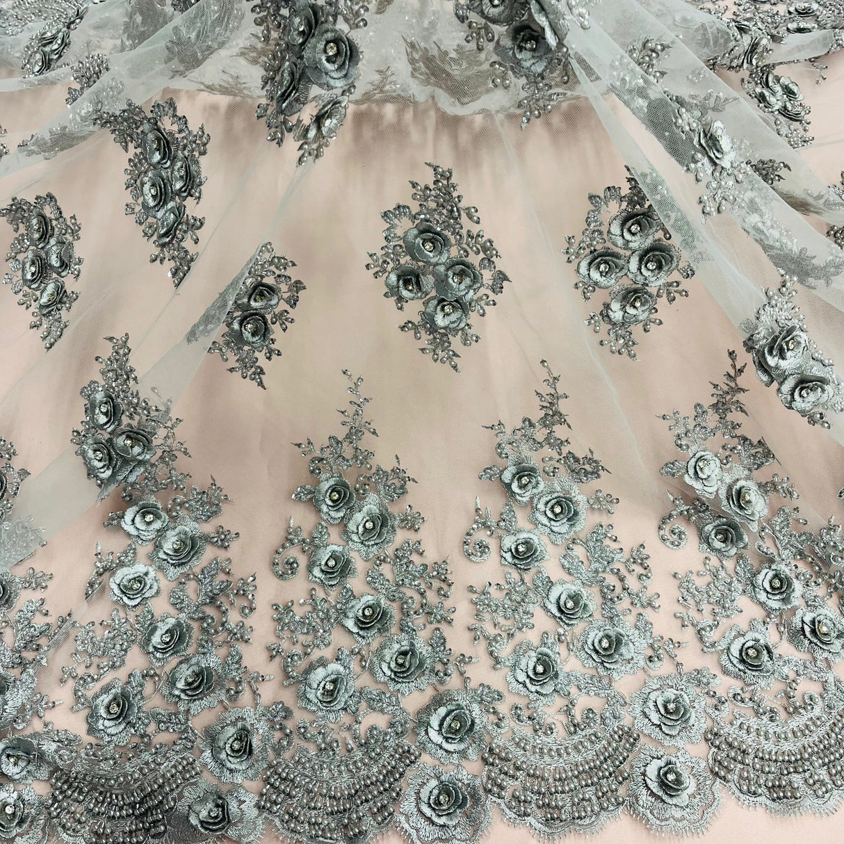 3D Floral Beaded Rhinestone Polyester Lace Fabric - Black, Silver, Pink, 3D Floral Embroidery, 54" Wide (1 Yard)