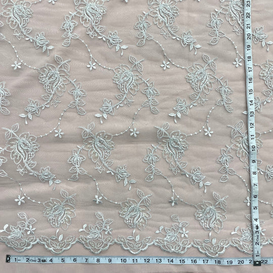 1 Yard Beaded and Corded Bridal Lace Fabric Embroidered on Polyester Net Mesh for Elegant Wedding Gowns – 50"