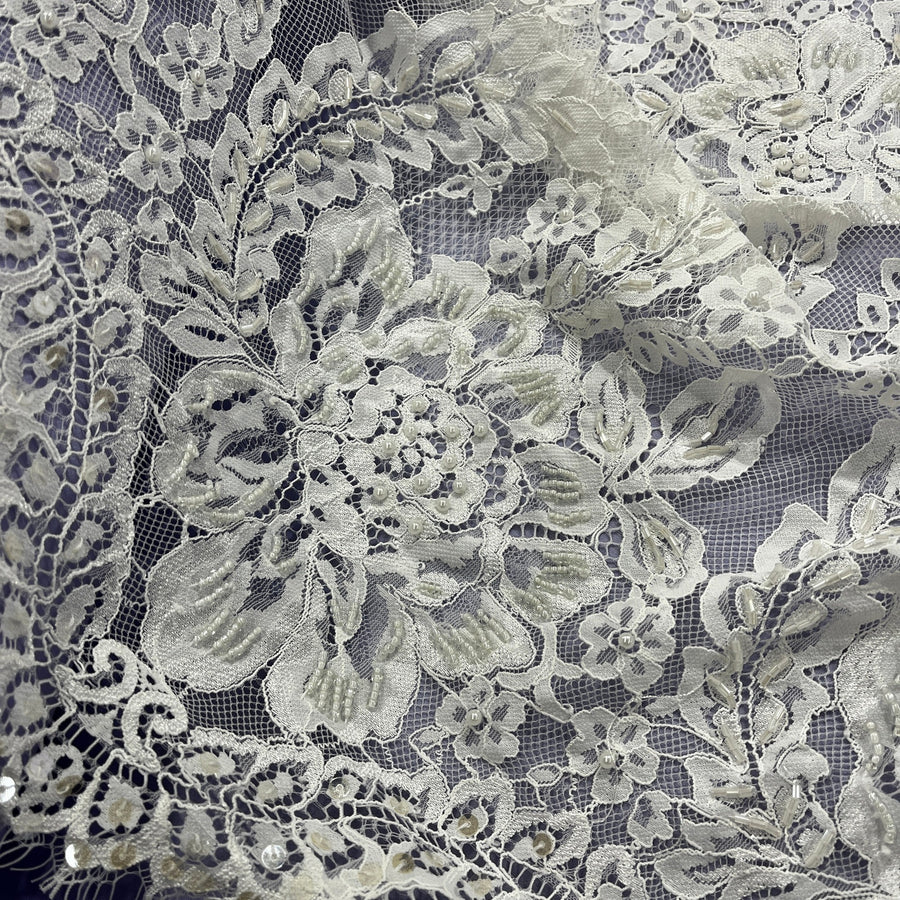 3 Yards Beaded Chantilly Embroidered Lace Fabric with Eyelash Scallop