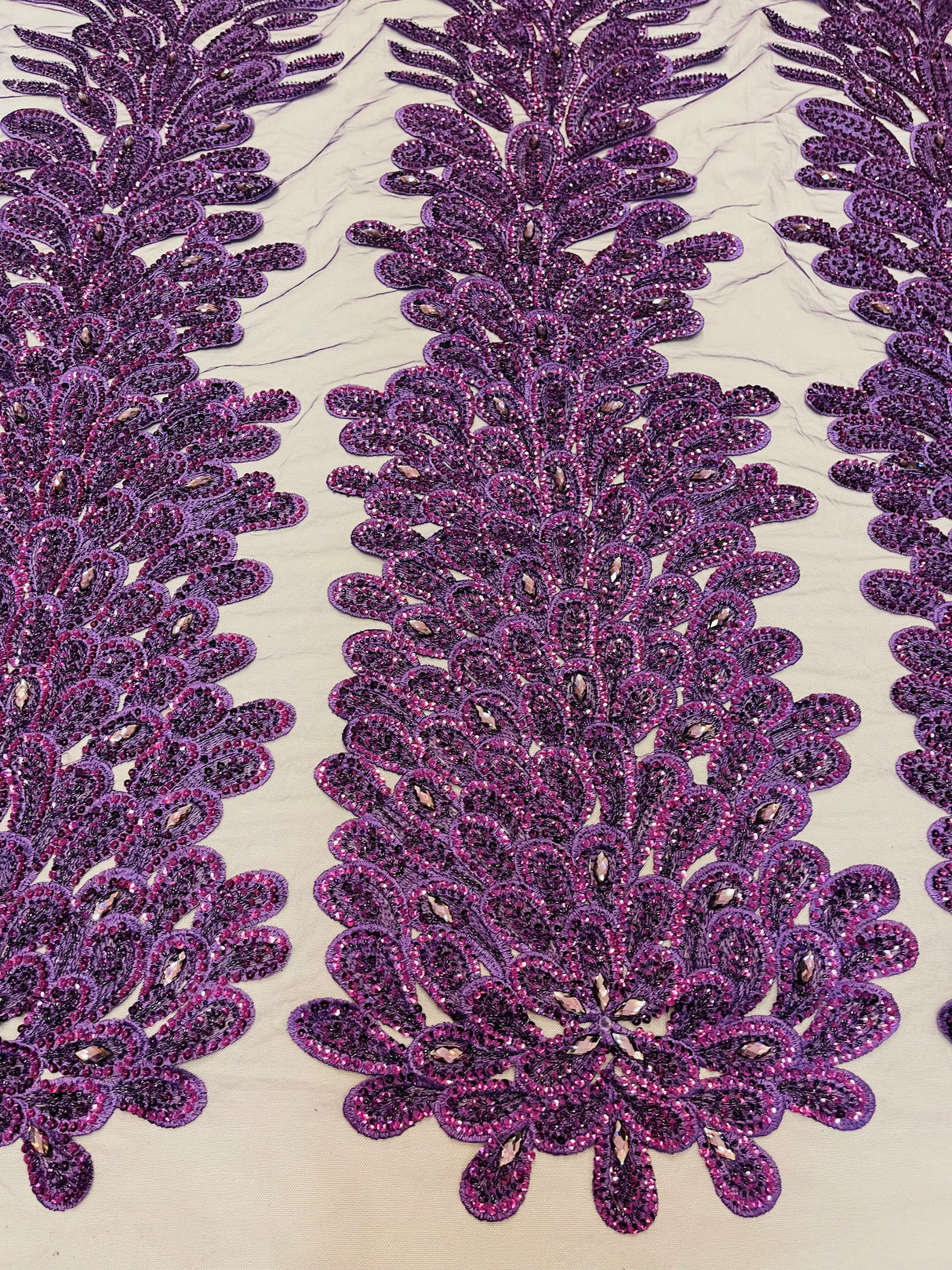 New Vegas Heavy Beaded Feather Design Embroidery Mesh Fabric - Beaded Feather Design, 11" Width, 50" Length (1 Panel)