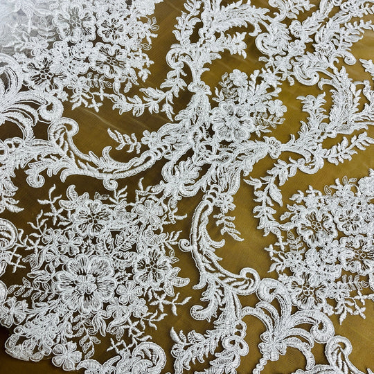 1 Yard Elegant Corded Bridal Lace Fabric Embroidered on Polyester Net Mesh