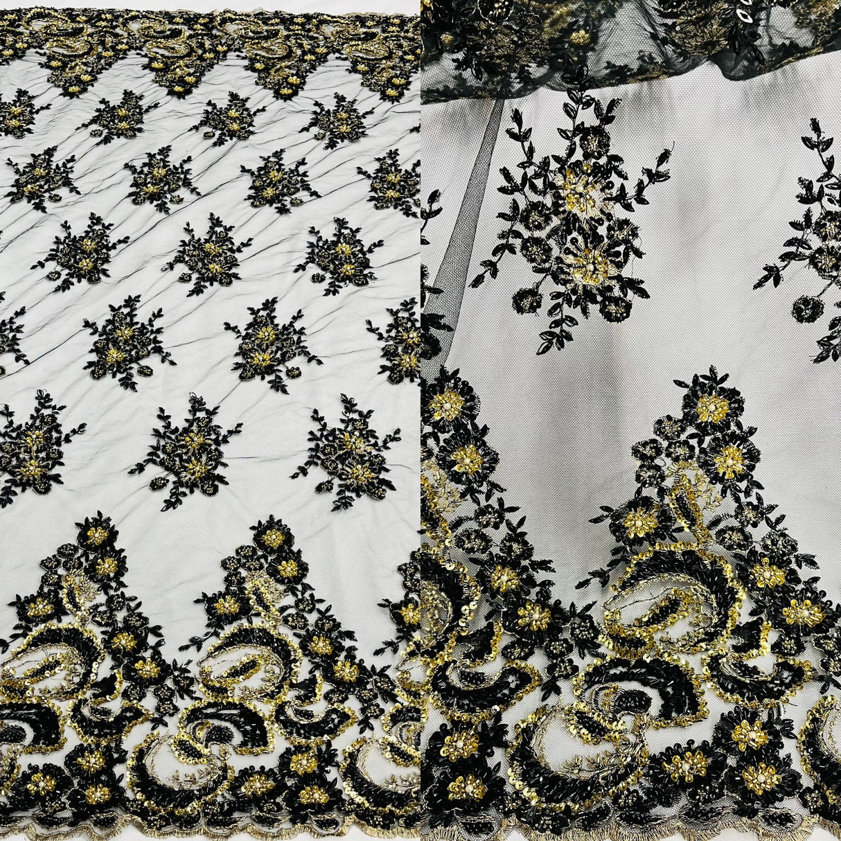 Beaded Sequined Lace Fabric on Polyester Mesh