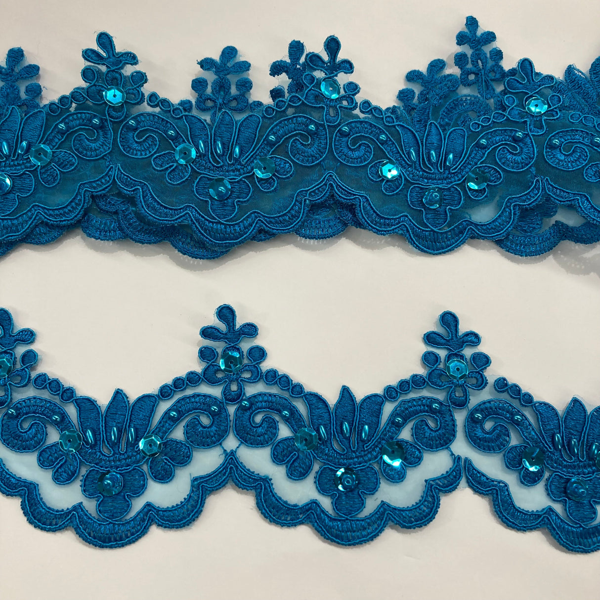 Beaded & Corded Lace Trimming Embroidered On 100% Polyester Organza Fabric - Aqua, 3" Width (1 Yard)