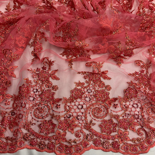 1 Yard Beaded and Corded Bridal Lace Fabric Embroidered on Polyester Net Mesh
