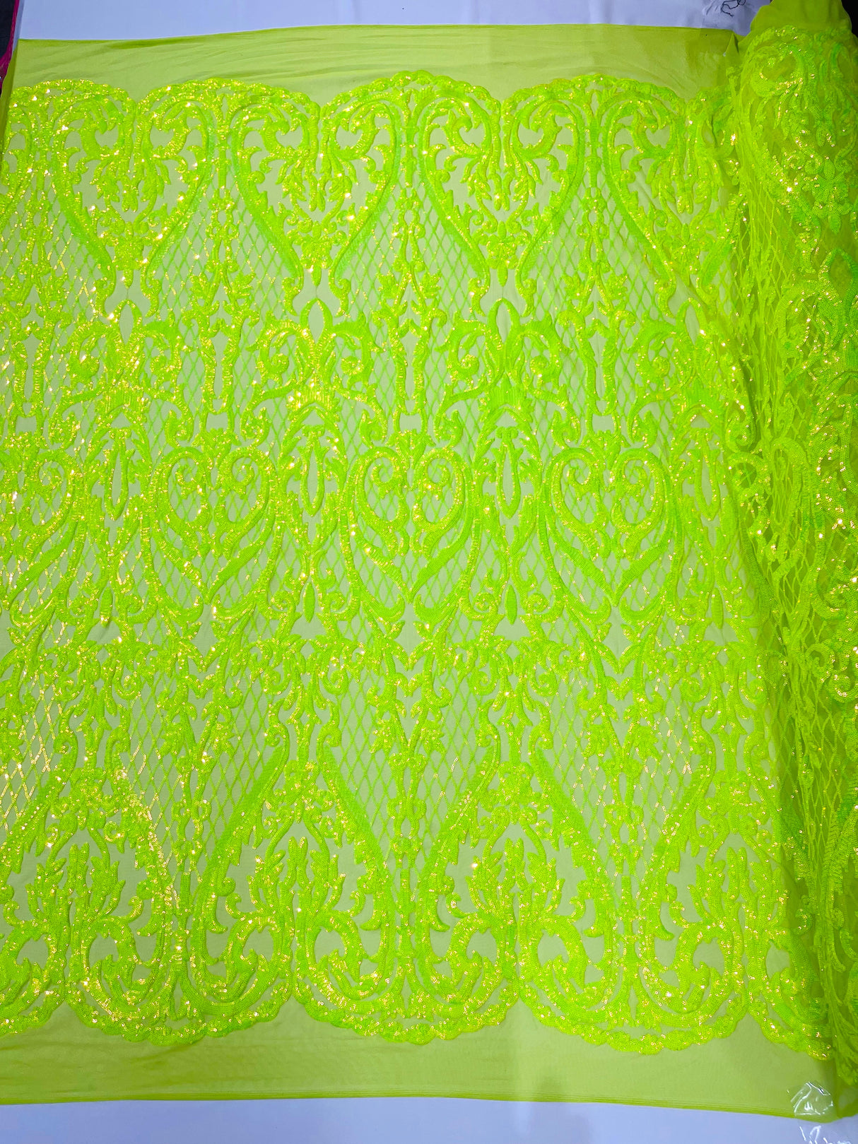 Heart Sequin Damask Polyester Fabric - Heart Damask, Iridescent Sequins, 54" Width (1 Yard)