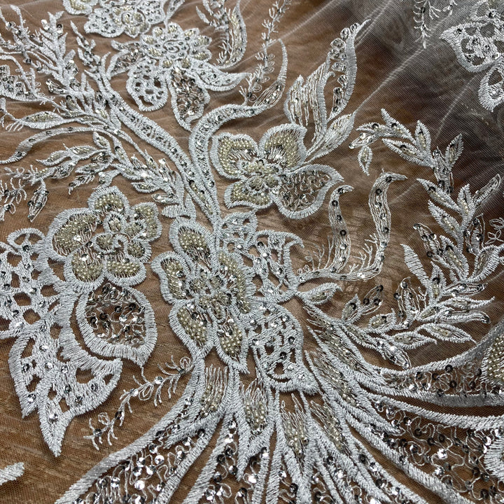 1 Yard Elegant Beaded and Sequined Lace Fabric Embroidered on 100% Polyester Net Mesh White