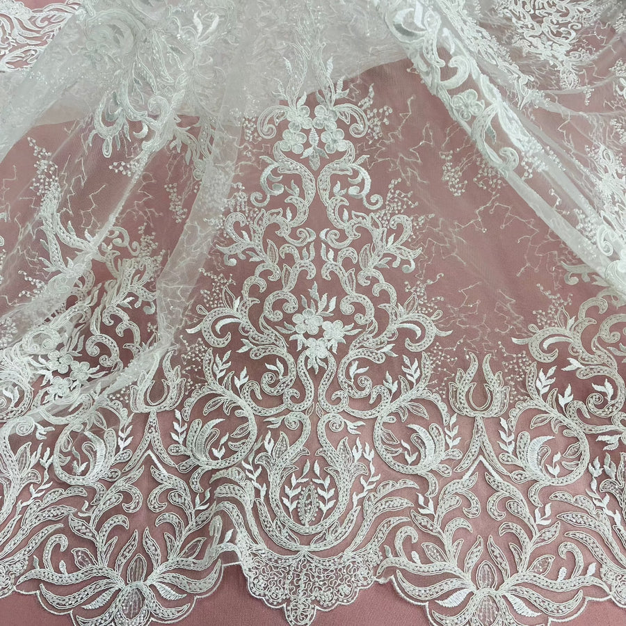 1 Yard Beaded & Corded Bridal Lace Fabric Embroidered on 100% Polyester Net Mesh