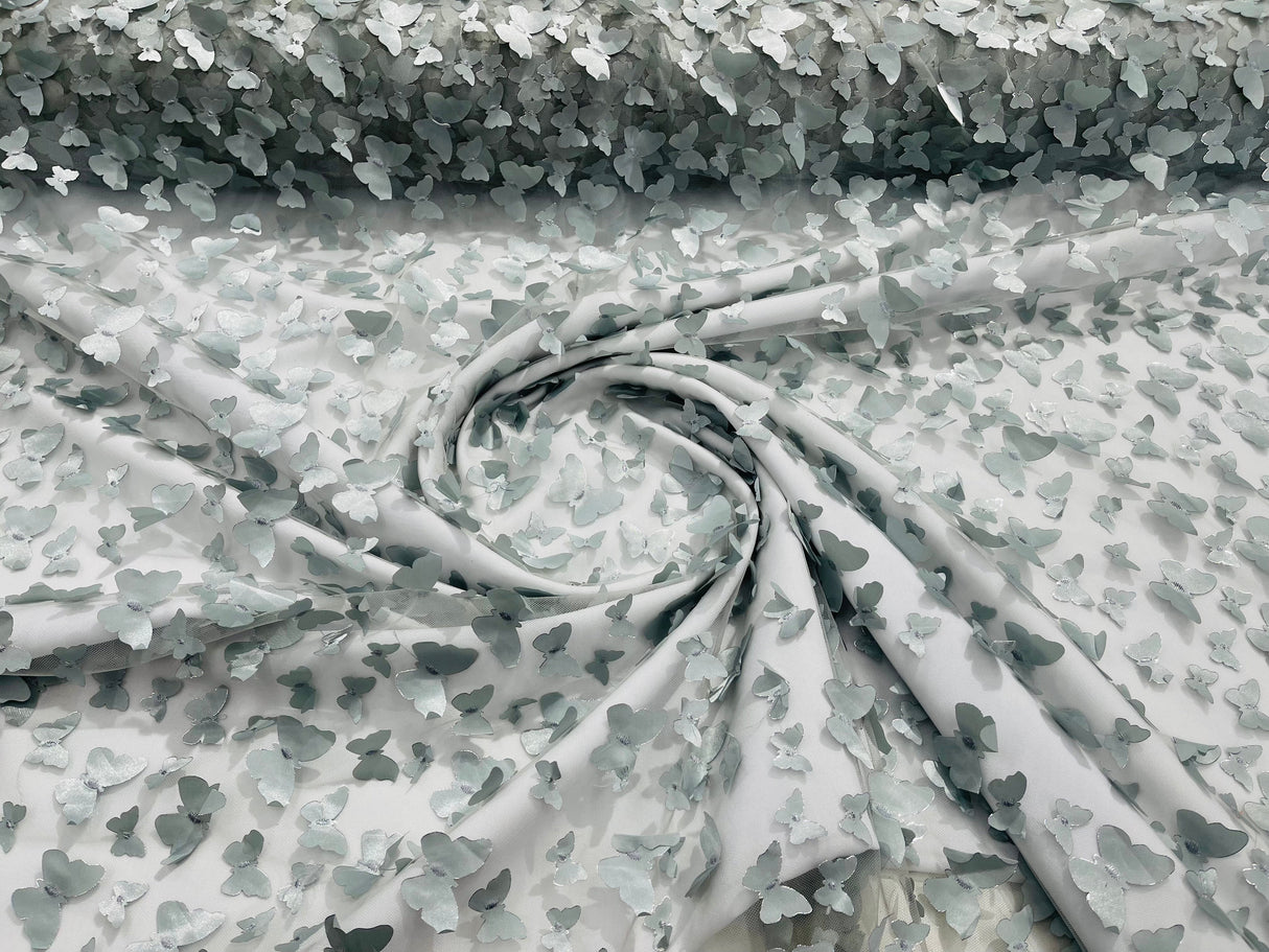 3D Butterfly Metallic Design Polyester Fabric - Metallic Butterfly Embroidery, Mesh Lace, 58" Width (1 Yard)