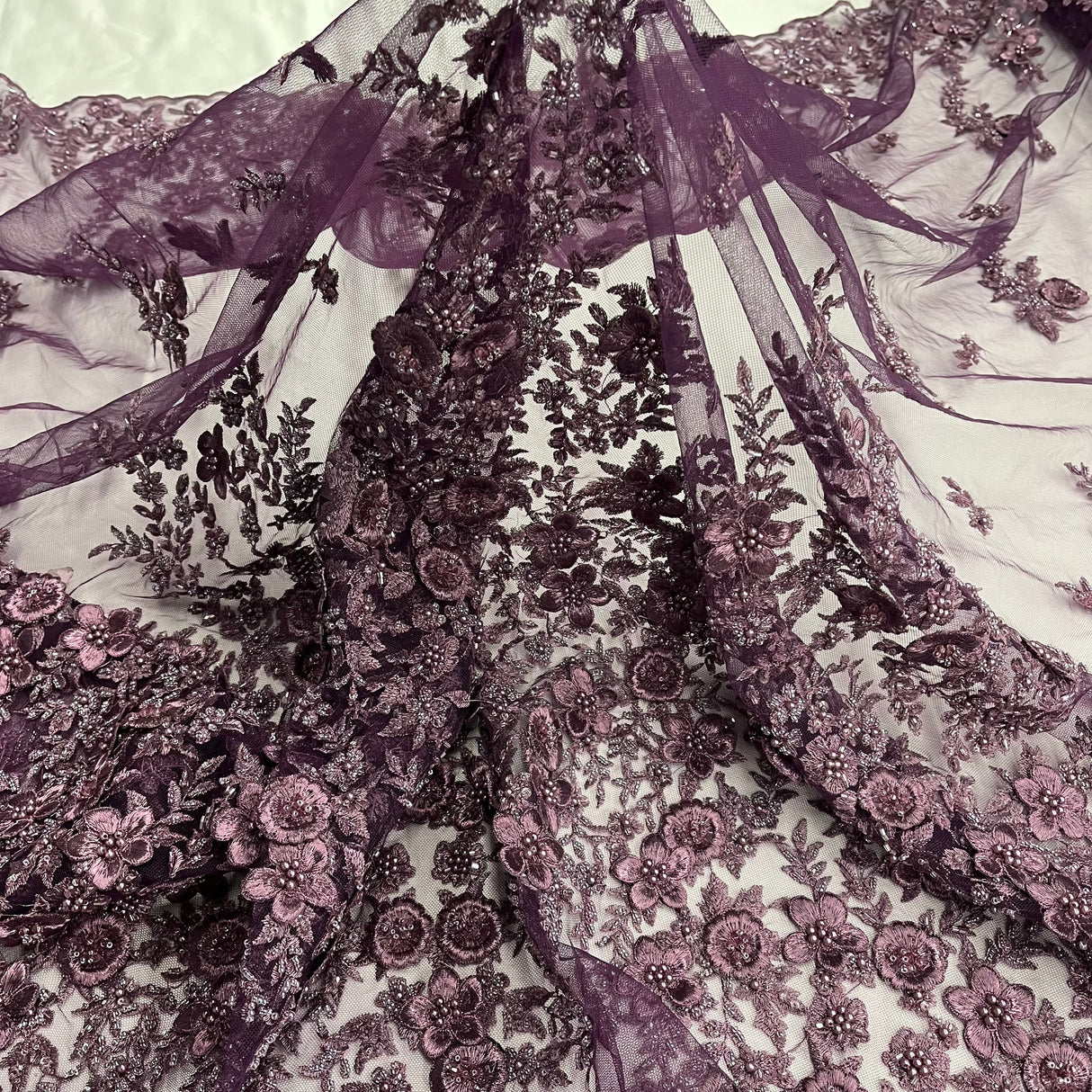 Beaded 3D Floral Lace Plum