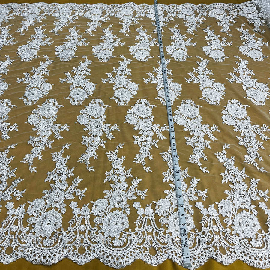 1 Yard Corded Bridal Lace Fabric Embroidered on Polyester Net Mesh