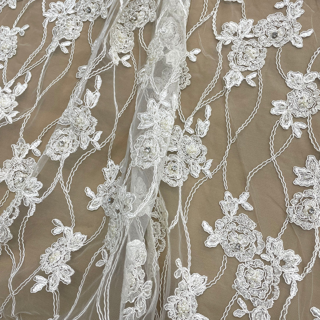 1 Yard Blush Beaded & Corded Bridal Lace Embroidered on Fabric 52" Wide Polyester Net Mesh
