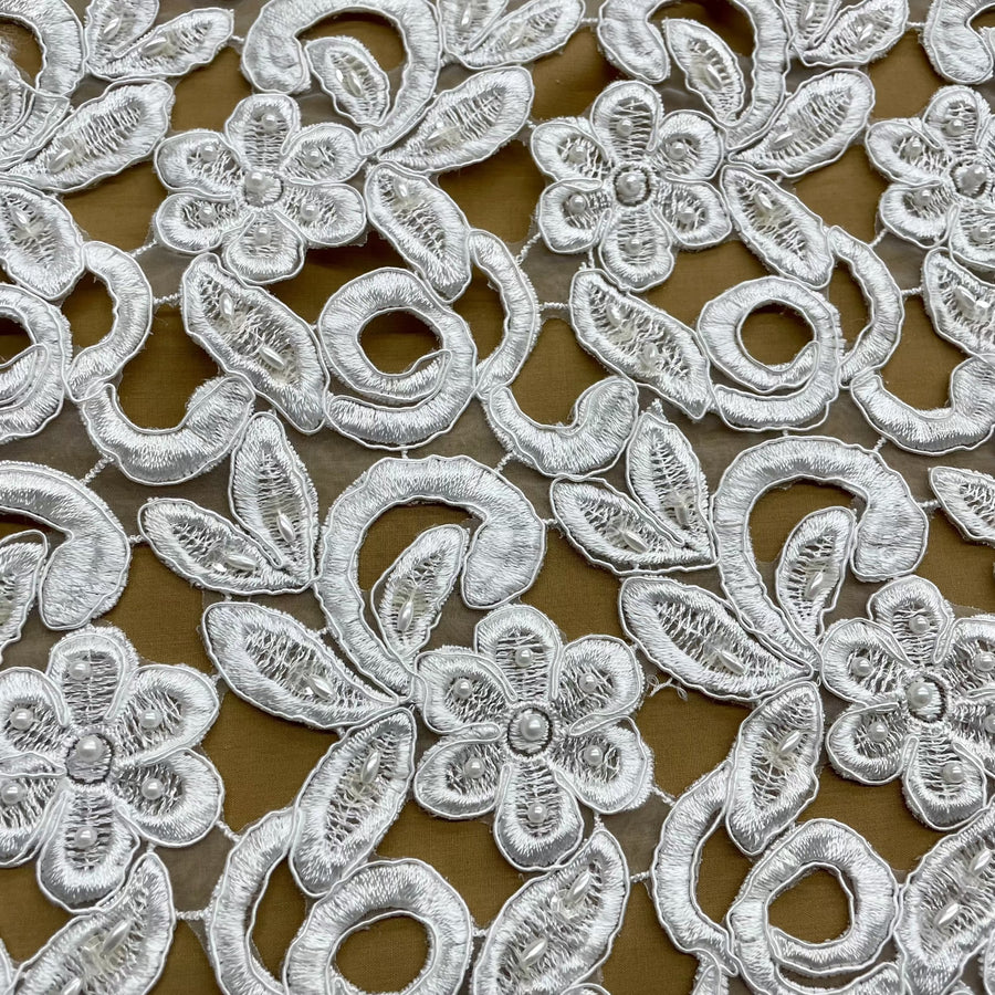 1 Yard Beaded Corded Bridal Lace Fabric Embroidered on 100 Percent Polyester Net Mesh 52 Inch Width