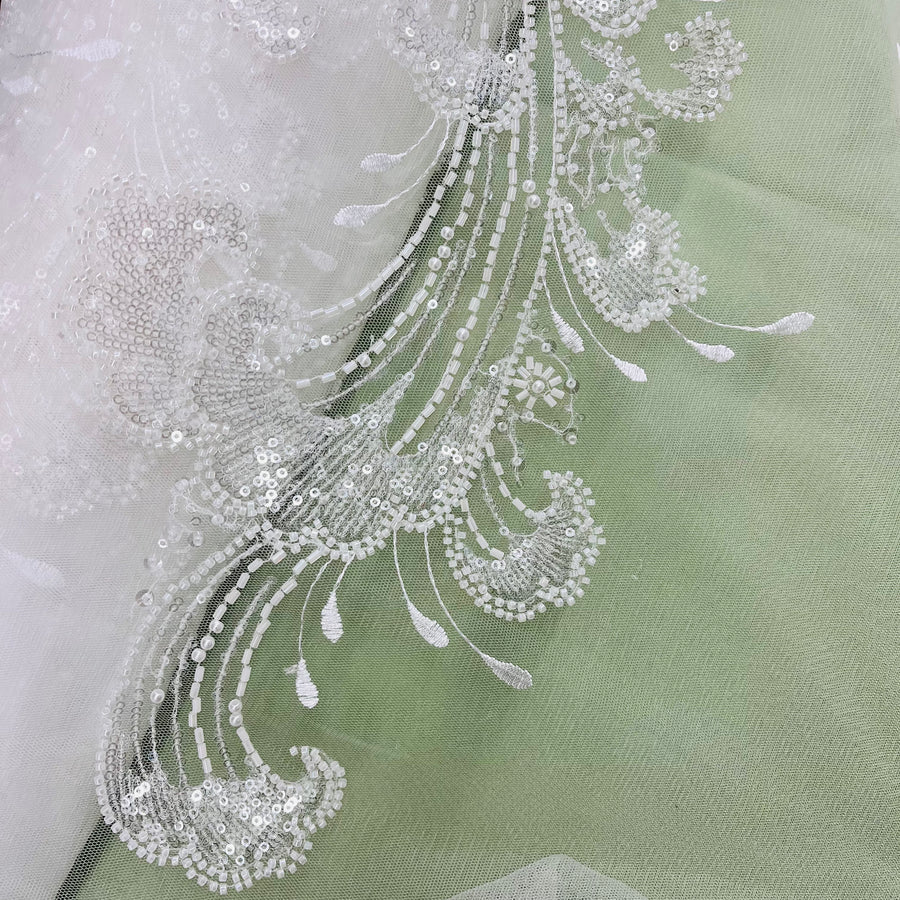 1 Yard Beaded Lace Fabric Embroidered on 100% Polyester Net Mesh