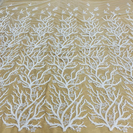 1 Yard Beaded Lace Fabric Embroidered With Fuzzy Thread on Polyester Net Mesh 54 inch Width