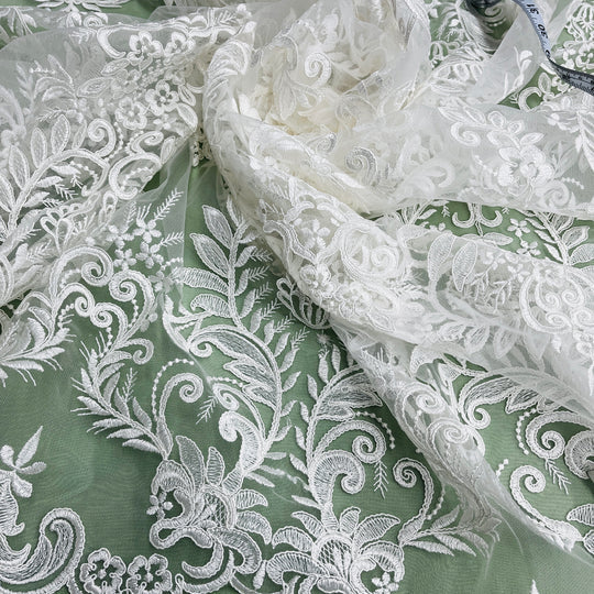 1 Yard Corded Bridal Lace Fabric Embroidered on Polyester Net Mesh 52 inch Width