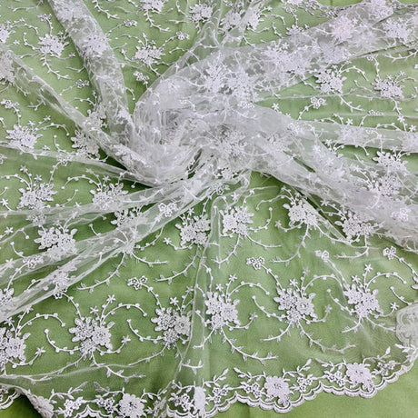 1 Yard Beaded Corded Bridal Lace Fabric Embroidered on 100 Percent Polyester Net Mesh Gold