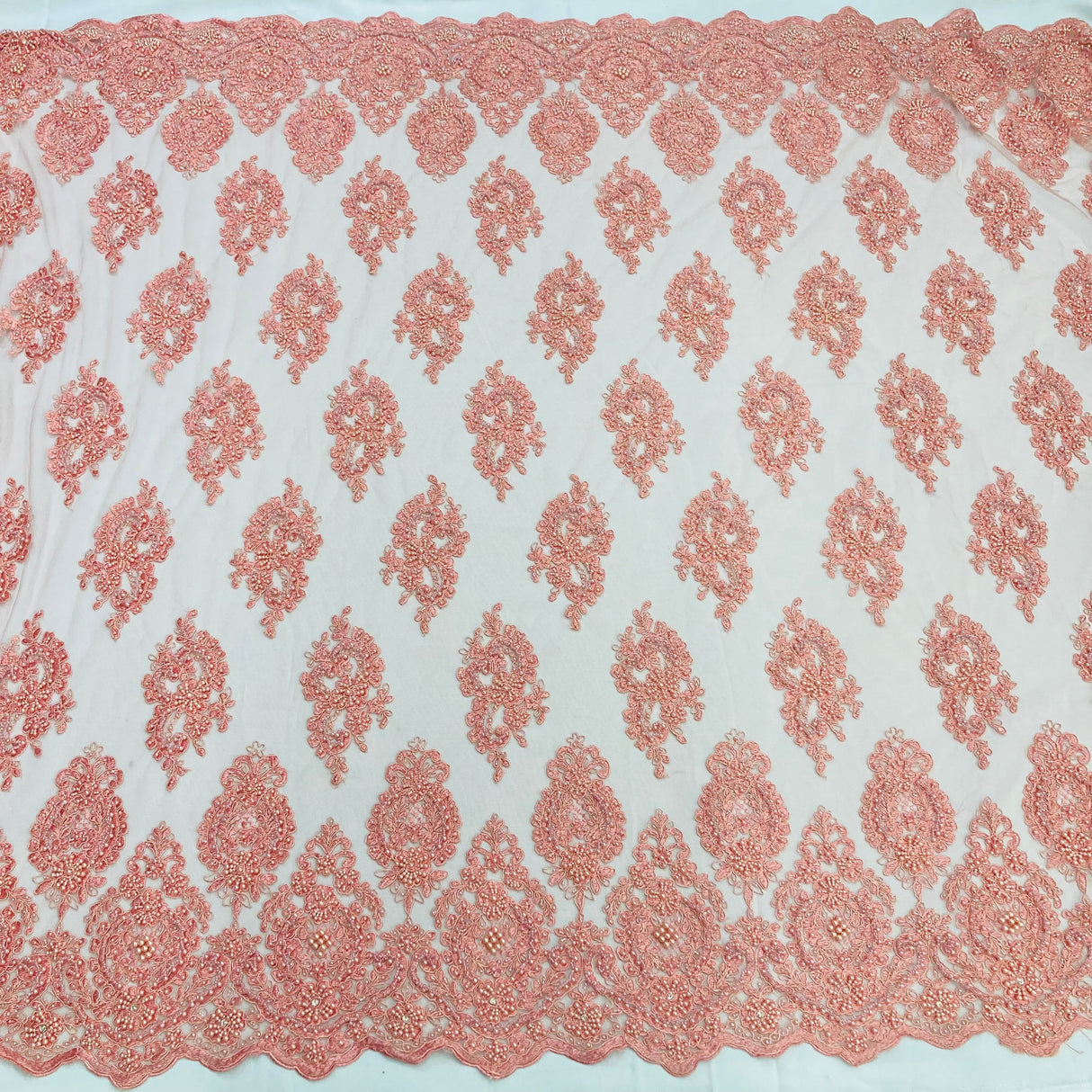 Beaded & Corded Lace Fabric - Embroidered On 100 Percent Polyester Net Mesh, Red/Jade/Coral, 54" Width (1 Yard)