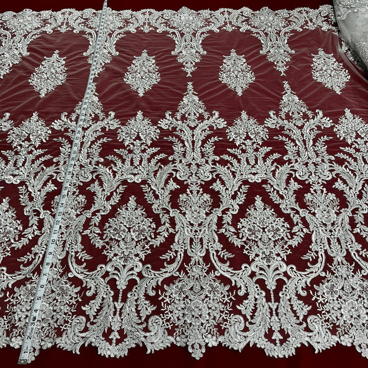 1 Yard Exquisite Bridal Lace Fabric Embroidered on 100% Polyester Net Mesh White