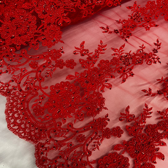 1 Yard Beaded Corded Bridal Lace Fabric Embroidered 100 Percent Polyester Net Mesh 48 inch Width